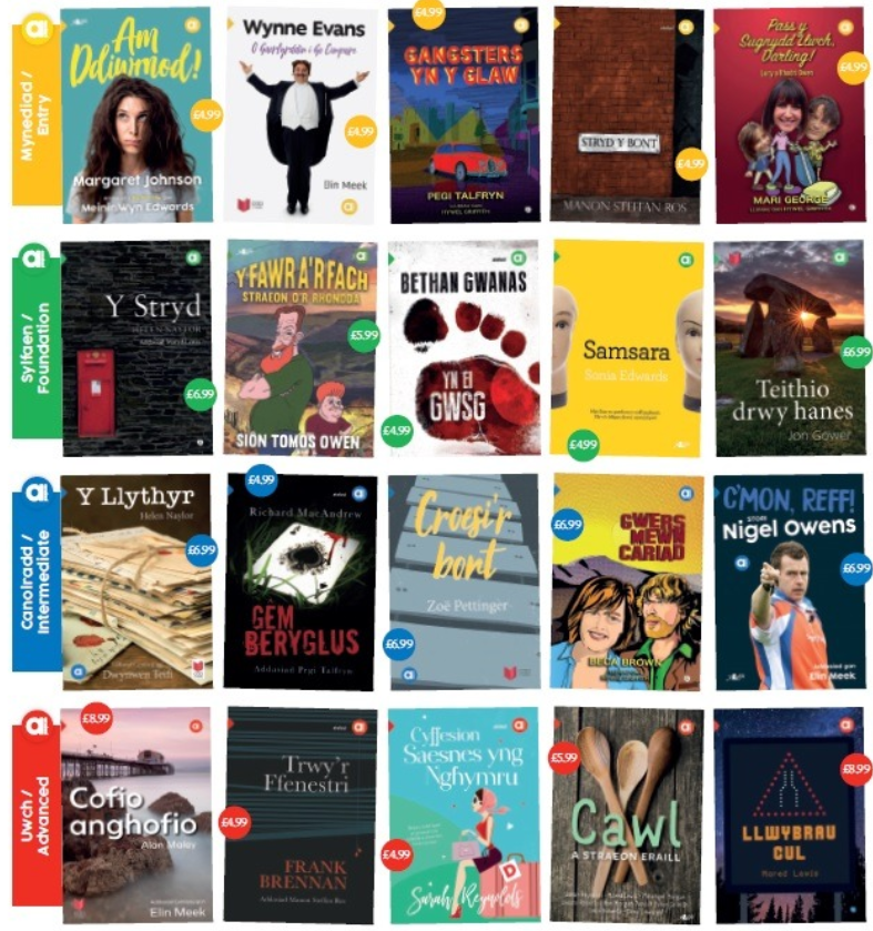 A photo showing a selection of the Amdani book collection, the books that are recommended to accompany the Learn Welsh courses