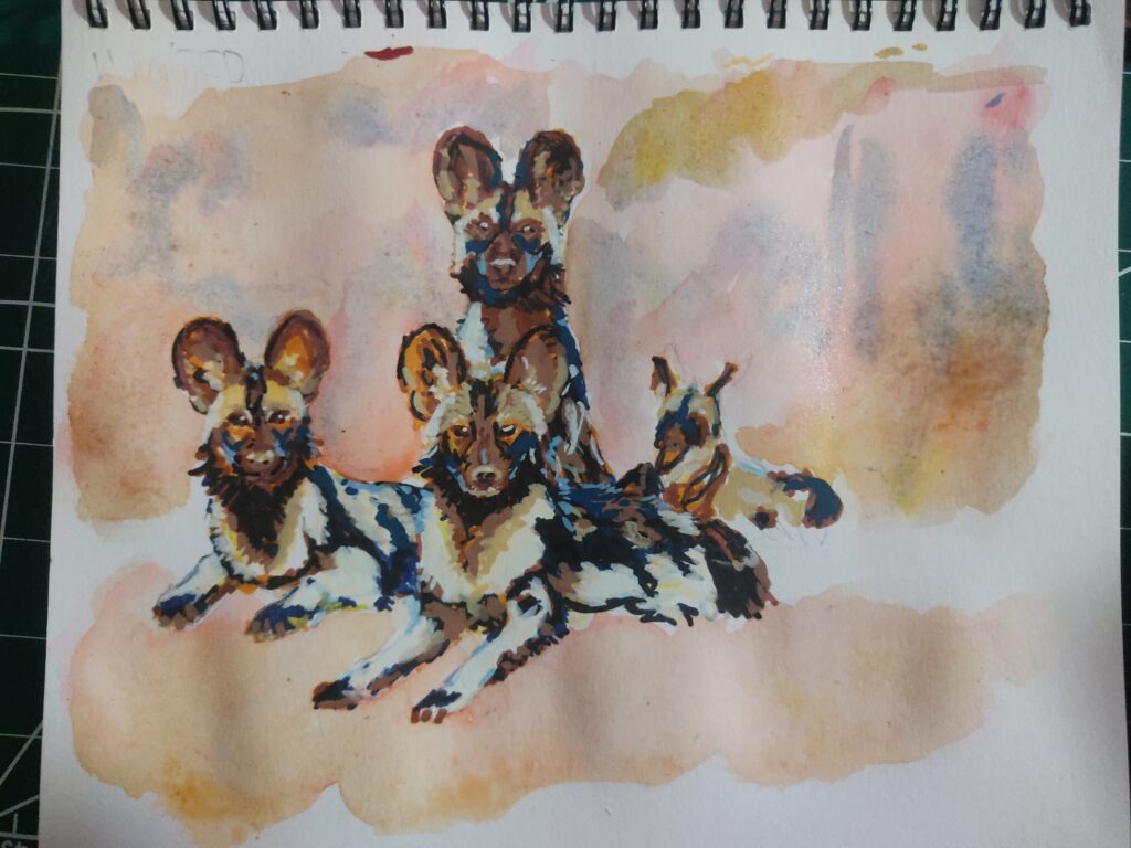 A painting in a sketchbook of a group of african wild dogs