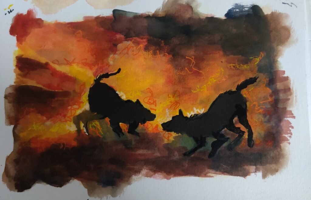 A painting in a sketchbook of two african wild dogs, backlit / silhouetted