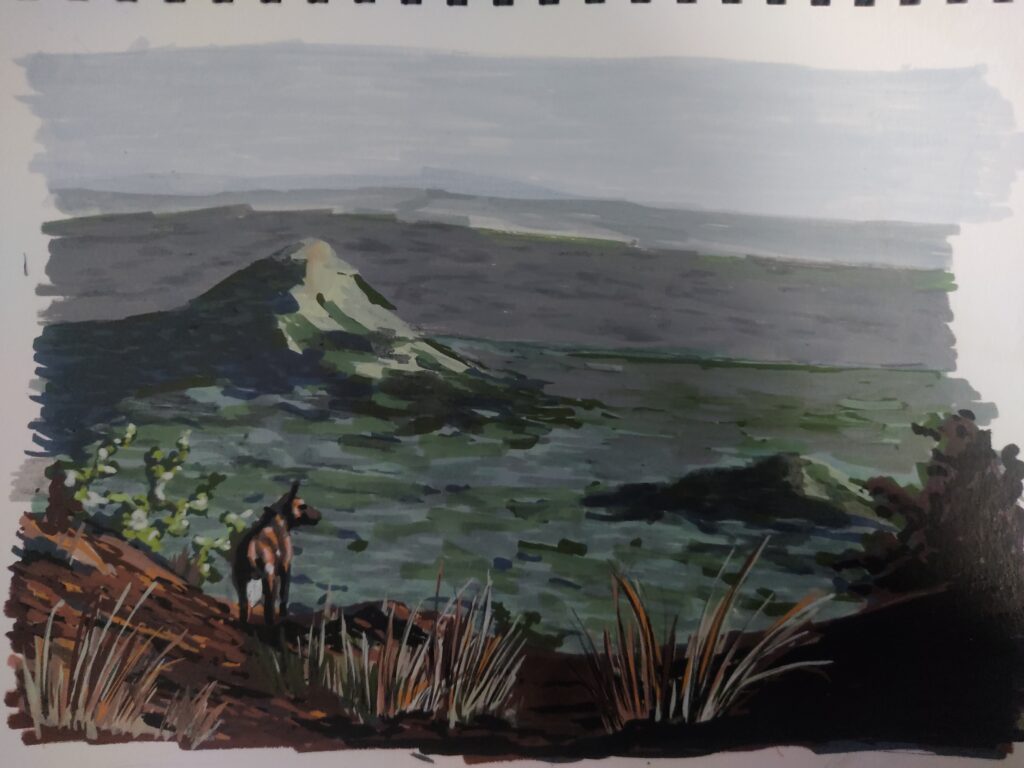 A painting of an African Wild Dog overlooking a vast forest and hilly landscape