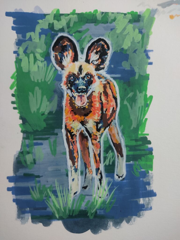 A painting of an African wild dog